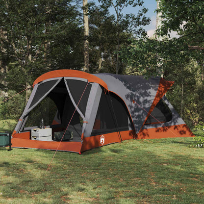 VidaXL Gezinstent in grijs en oranje, ruime tent met ventilatie, geplaatst in een bosrijke omgeving.