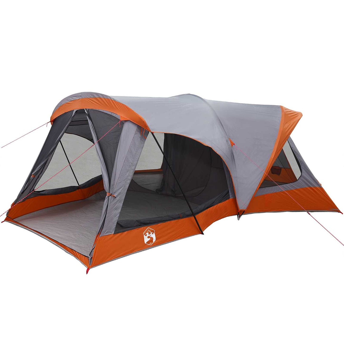 Detail van de vidaXL Gezinstent Grijs en Oranje met open ingangen en ventilatieroosters.