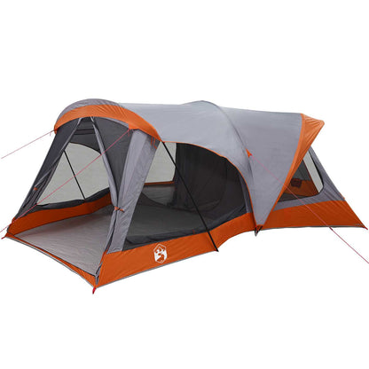 Detail van de vidaXL Gezinstent Grijs en Oranje met open ingangen en ventilatieroosters.