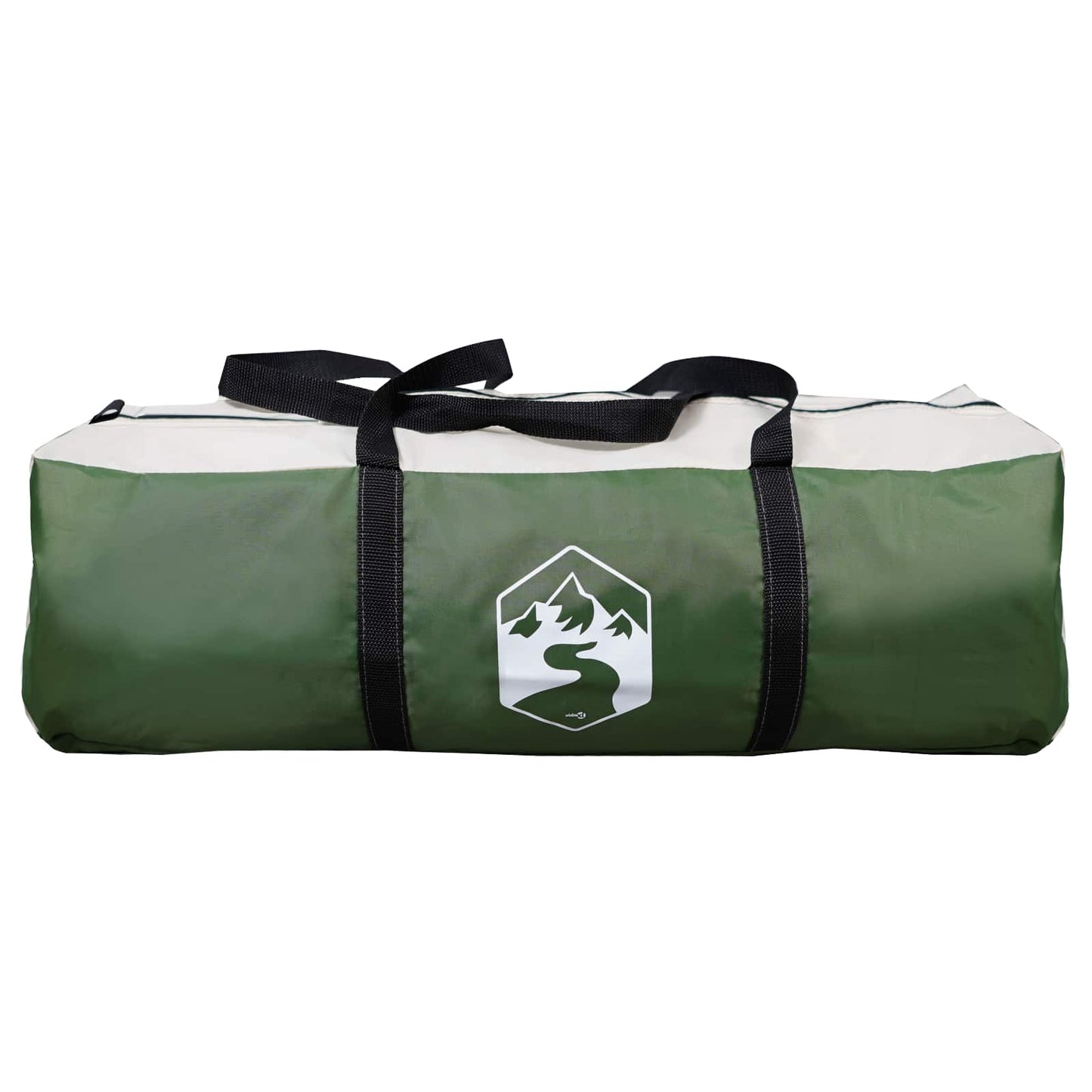 Groene vidaXL gezinstent opbergzak met zwart-witte handvatten en logo.