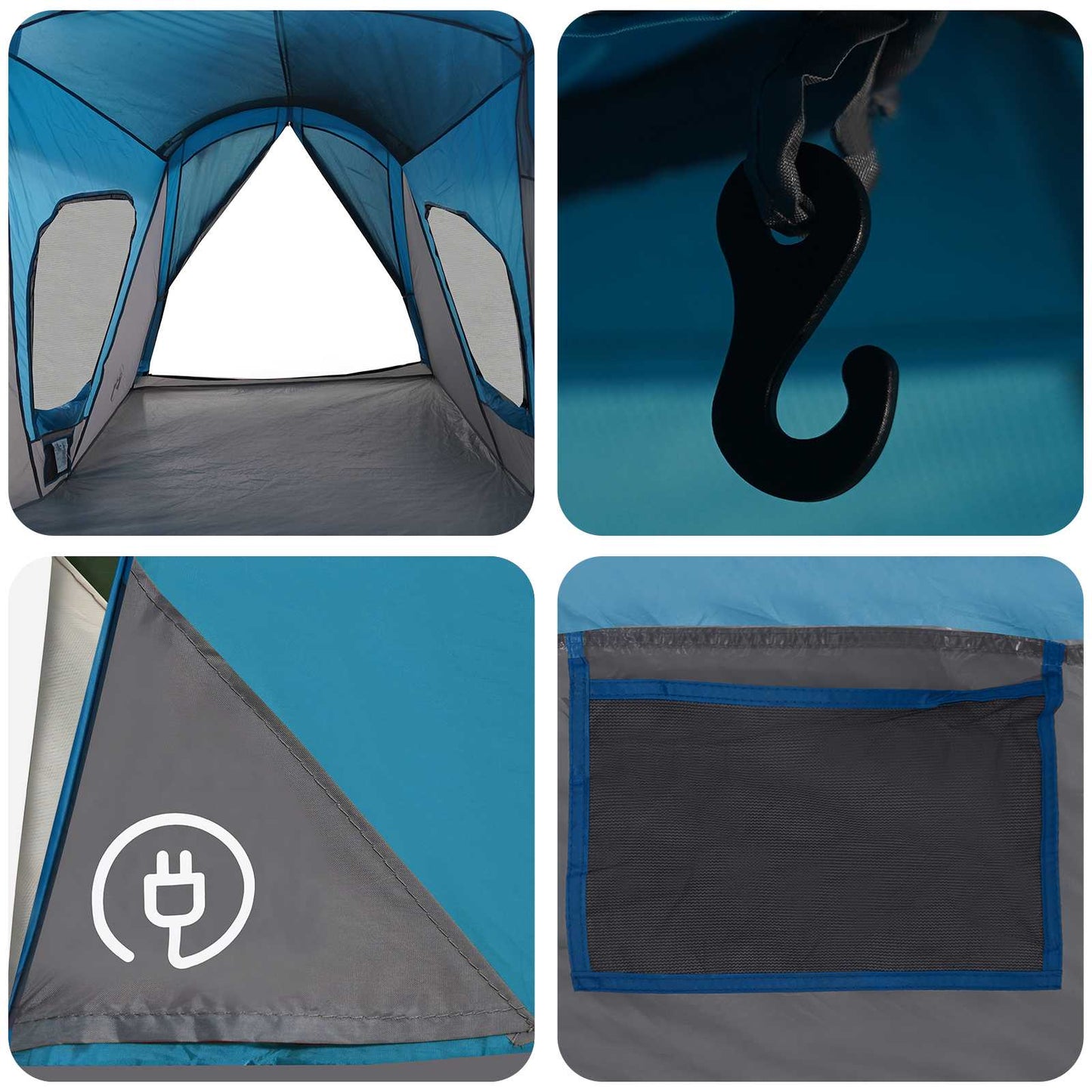 Detail van de binnenkant van de vidaXL gezinstent met blauwe wanden en haak voor verlichting.