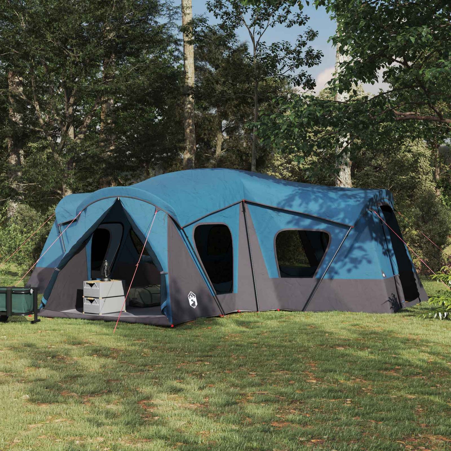 Blauwe vidaXL gezinstent 610 x 610 x 210 cm, waterdicht en ruim, in een bosrijke omgeving.