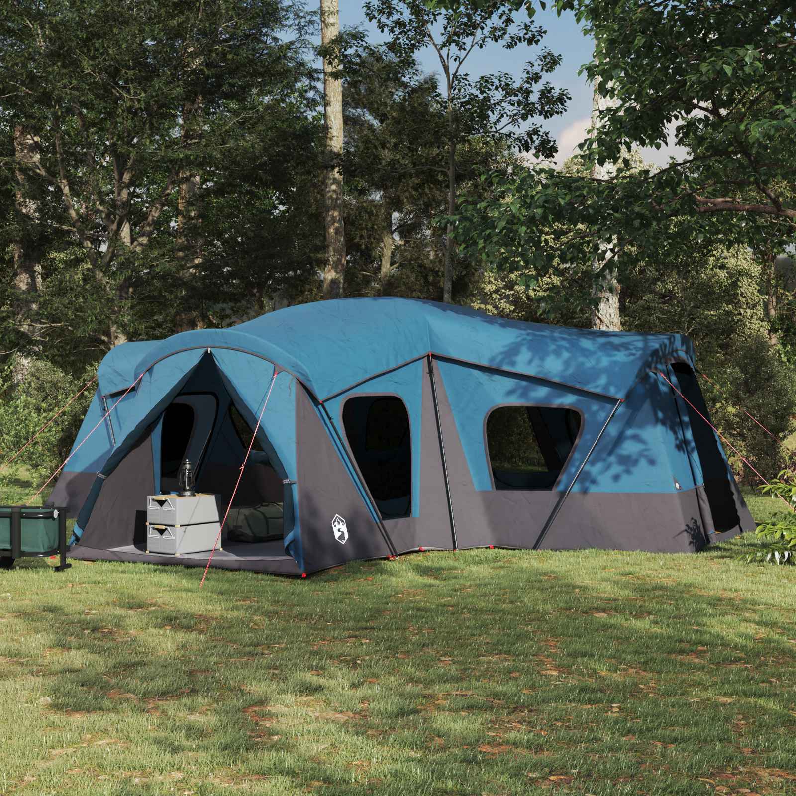 Blauwe vidaXL gezinstent 610 x 610 x 210 cm, waterdicht en ruim, in een bosrijke omgeving.