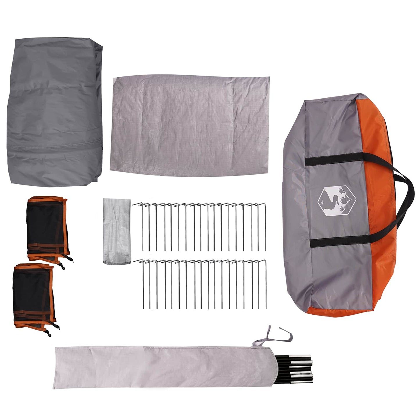 Detail van de accessoires en stokken van de vidaXL Gezinstent in grijs en oranje.