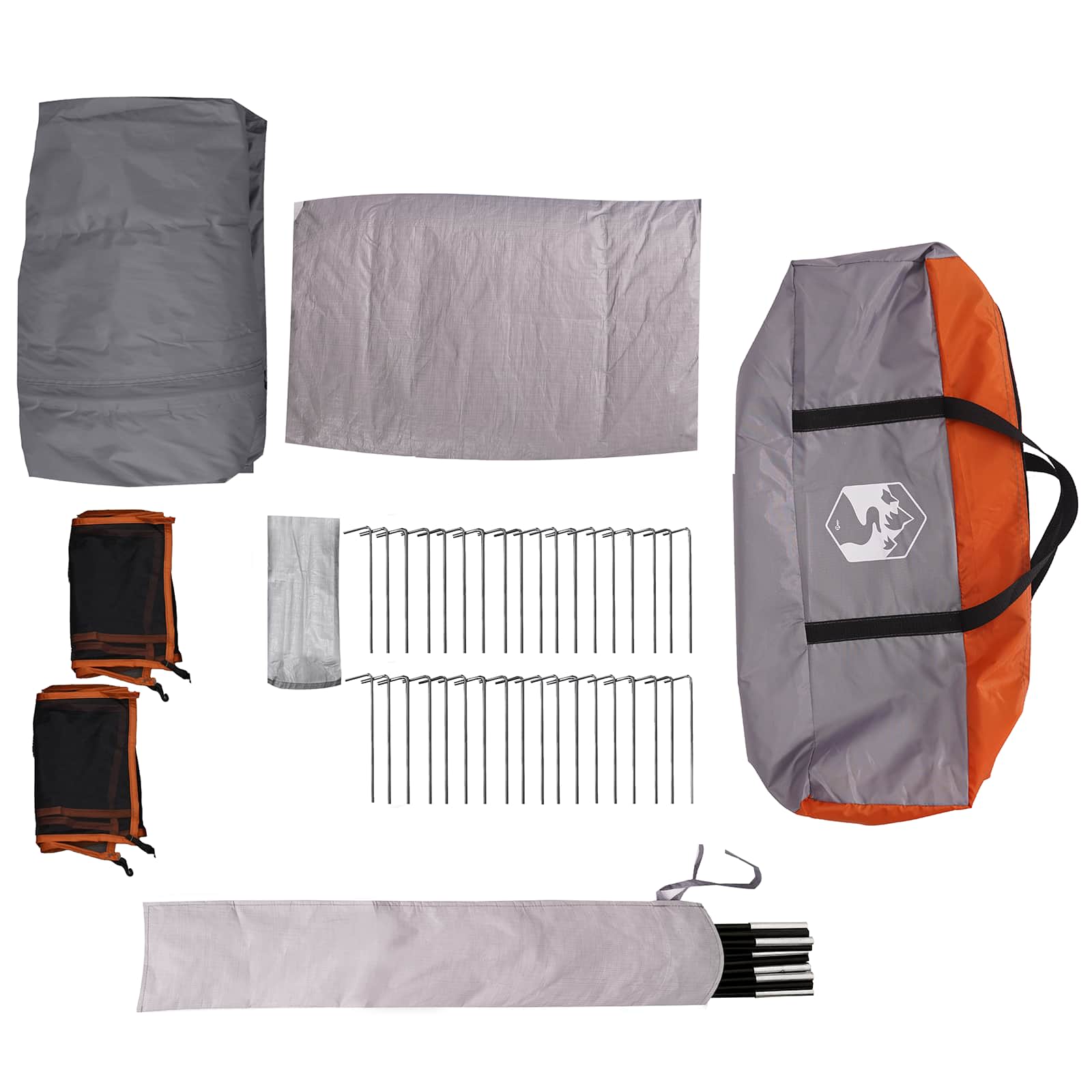 Detail van de accessoires en stokken van de vidaXL Gezinstent in grijs en oranje.