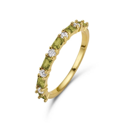 Gouden 14 elegante ring van New Bling met groene en witte stenen in een verfijnde setting.