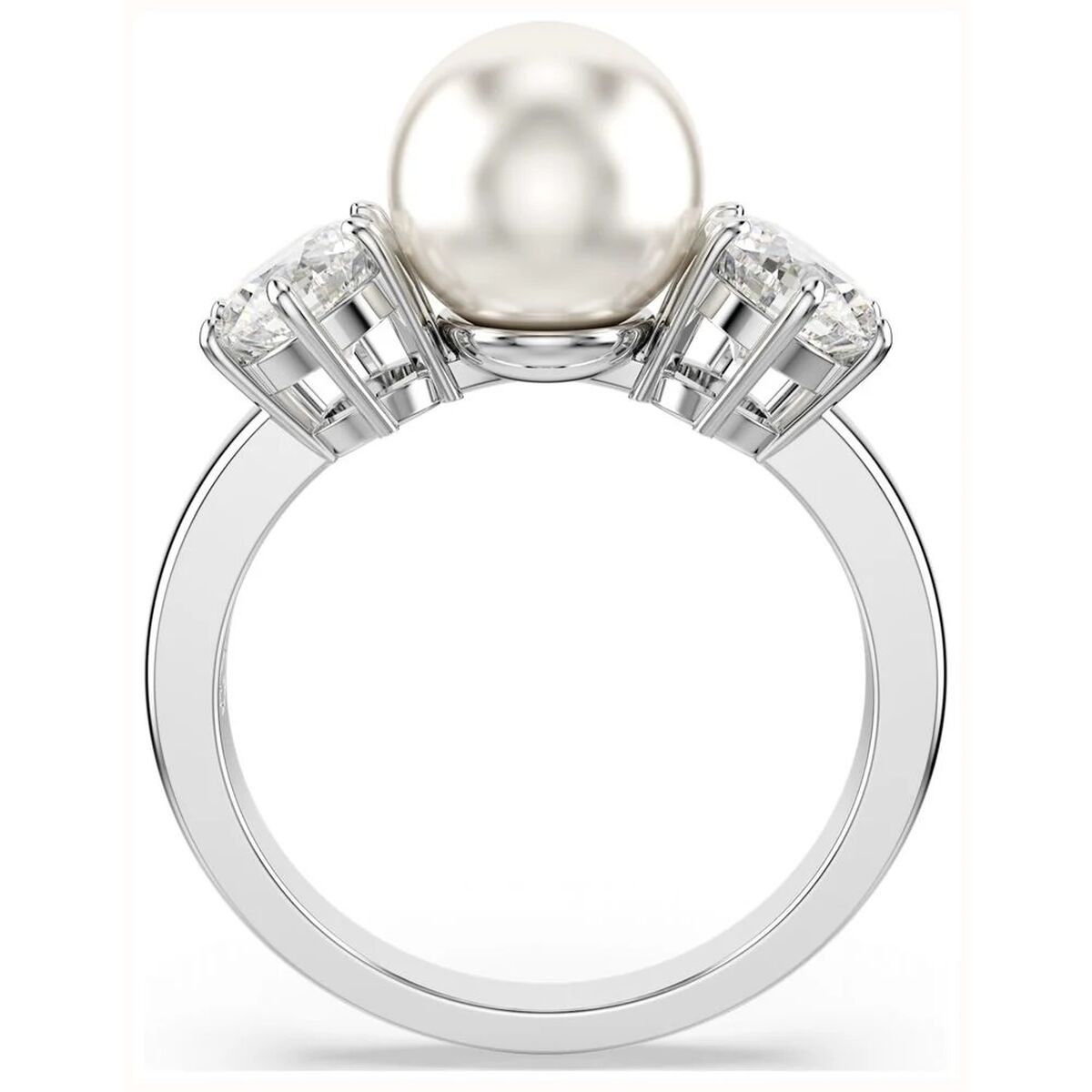 Zilverkleurige Swarovski ring met een grote parel en twee sprankelende stenen.