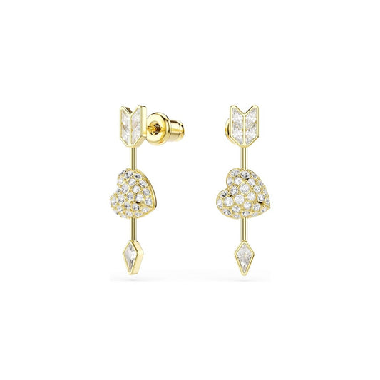 Gouden Swarovski oorbellen met hartvormige en pijlontwerpen, elegant en sprankelend.