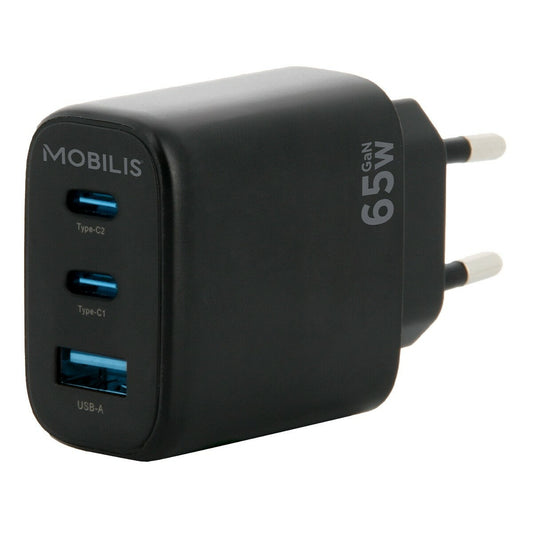 Draagbare Mobilis oplader 45W USB-C in zwart, met drie poorten voor efficiënt opladen.
