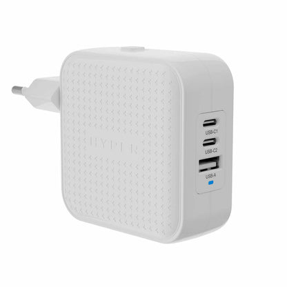 Zijaanzicht van de witte Hyper HJ1003WHWWGL oplader met dubbele USB-C poorten.