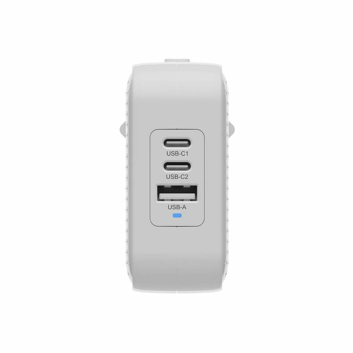 Detail van de Hyper oplader met dubbele USB-C poorten in wit.