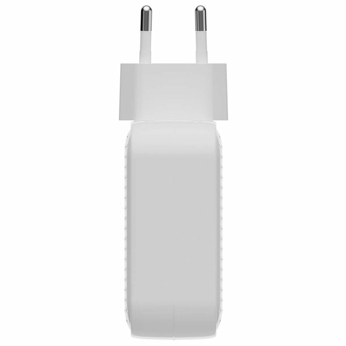 Zijaanzicht van de witte Hyper oplader met dubbele USB-C poorten.