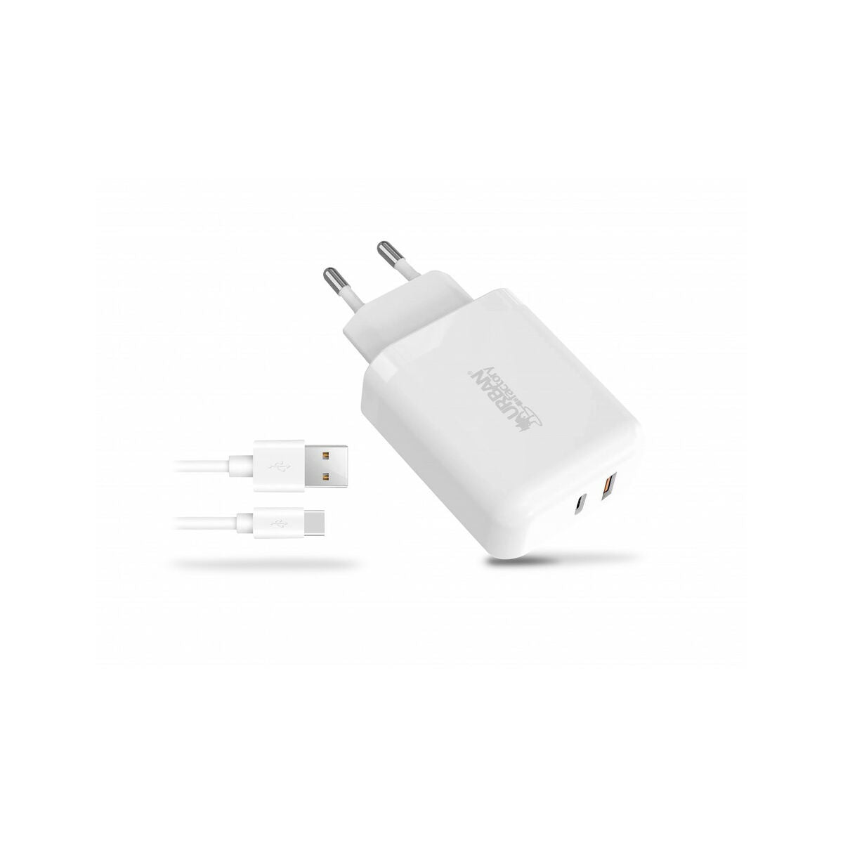 Detail van de Urban Factory PSC45UF draagbare oplader in wit met USB-C en USB 2.0 poorten.