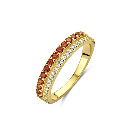 Gouden New Bling ring met rode en witte stenen, elegant design voor dames.