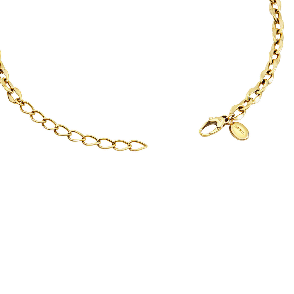 Detail van de gouden Breil ketting met sluiting en merklabel.