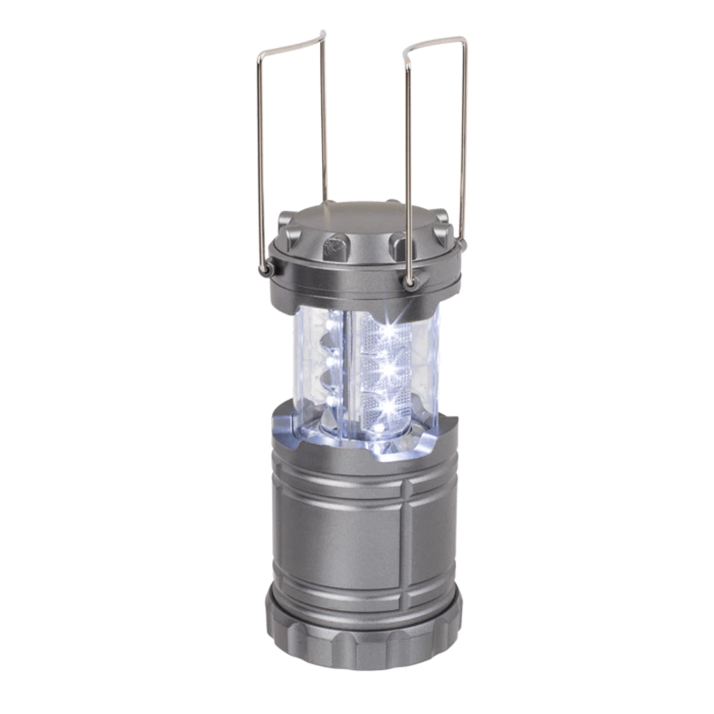 Compacte Festivalzone.com campinglamp in draaimolen ontwerp, metallic grijs met opvouwbare handgrepen.
