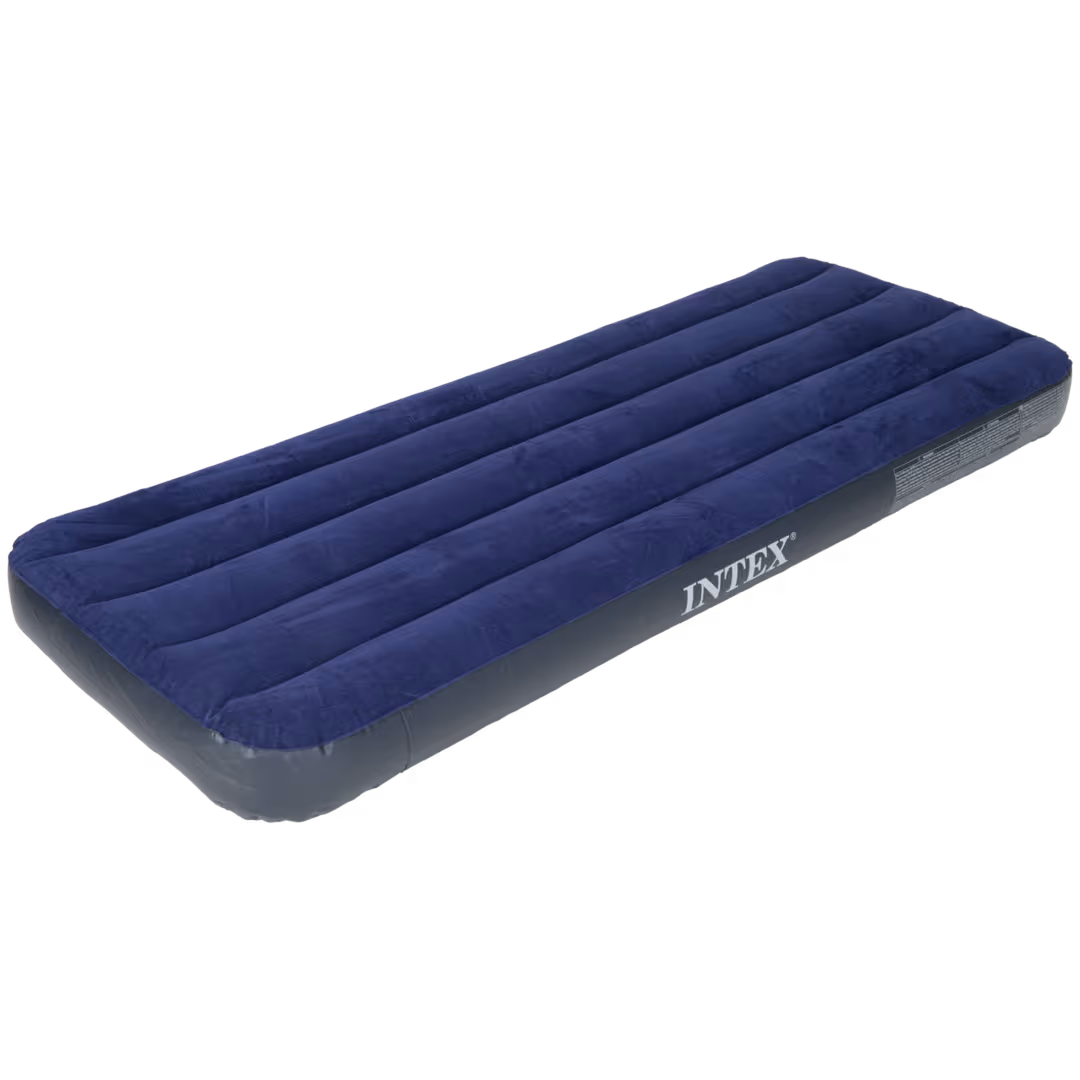 Intex 1-persoons luchtbed in donkerblauw met een zachte toplaag voor extra comfort.