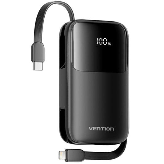 Vention powerbank 10000 mAh in zwart met een digitale batterij-indicator en geïntegreerde kabel.