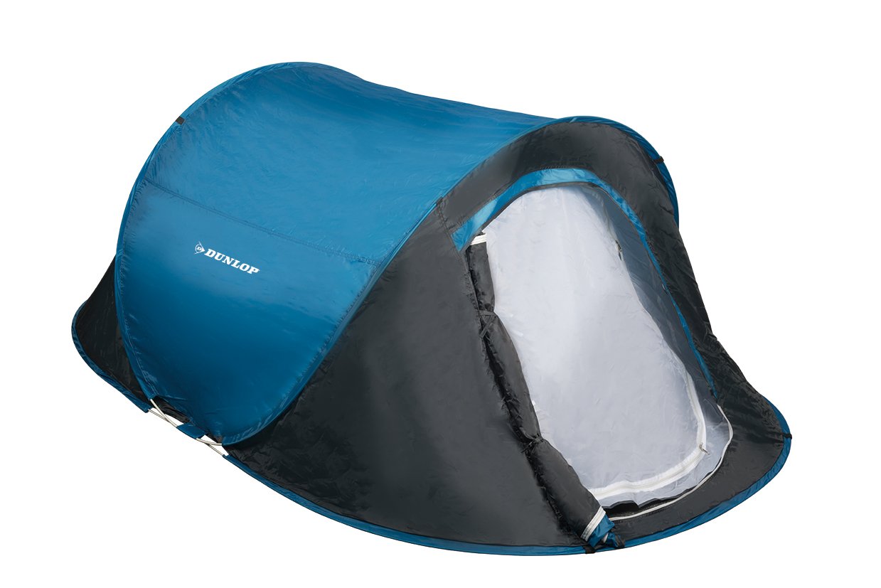 Lichtgewicht Festivalzone.com Pop Up tent voor twee personen, snel op te zetten in blauw en zwart.