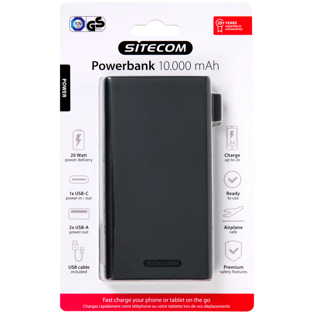 Festivalzone.com powerbank 10000 mAh in compact, lichtgewicht ontwerp met USB-C poort.