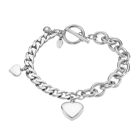 Zilverkleurige Lotus armband voor dames met hartvormige bedels en elegante schakels.