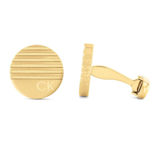 Gouden Calvin Klein oorbellen met gestreept ontwerp en merklogo, elegant en stijlvol.