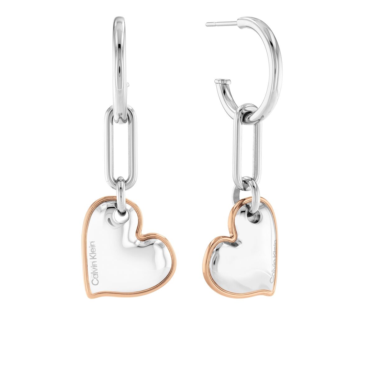 Calvin Klein oorbellen in sterling zilver met hartvormige hangers, elegant en tijdloos ontwerp.