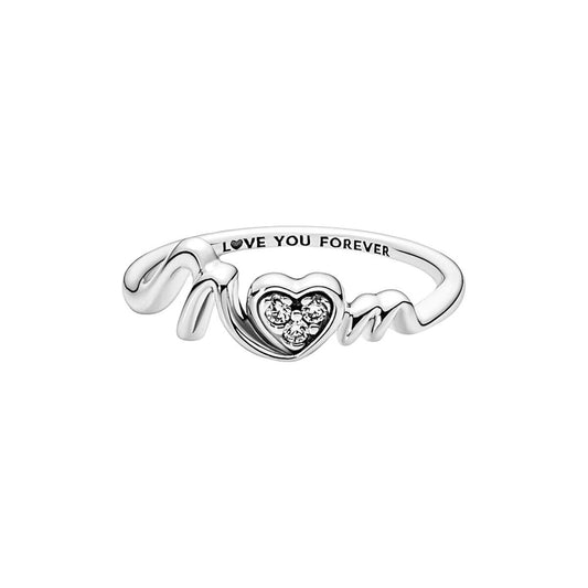Zilverkleurige Pandora ring met hartvorm en inscriptie "Love You Forever" voor dames.