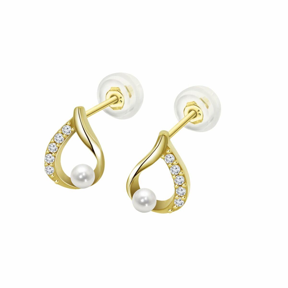 Elegante gouden Lotus oorbellen met een parel en sprankelende details.