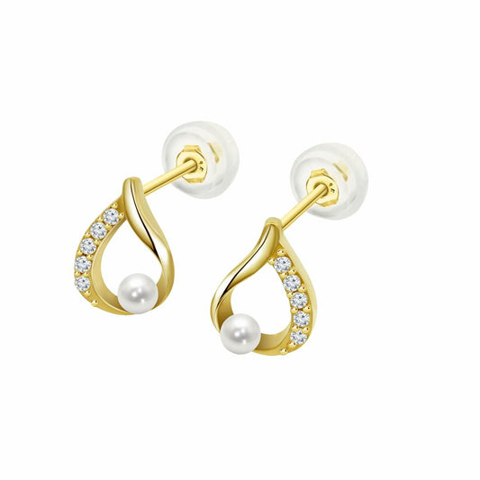Elegante gouden Lotus oorbellen met een parel en sprankelende details.