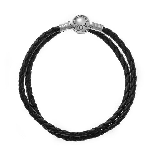 Pandora armband dames in zwart gevlochten leer met zilveren sluiting.