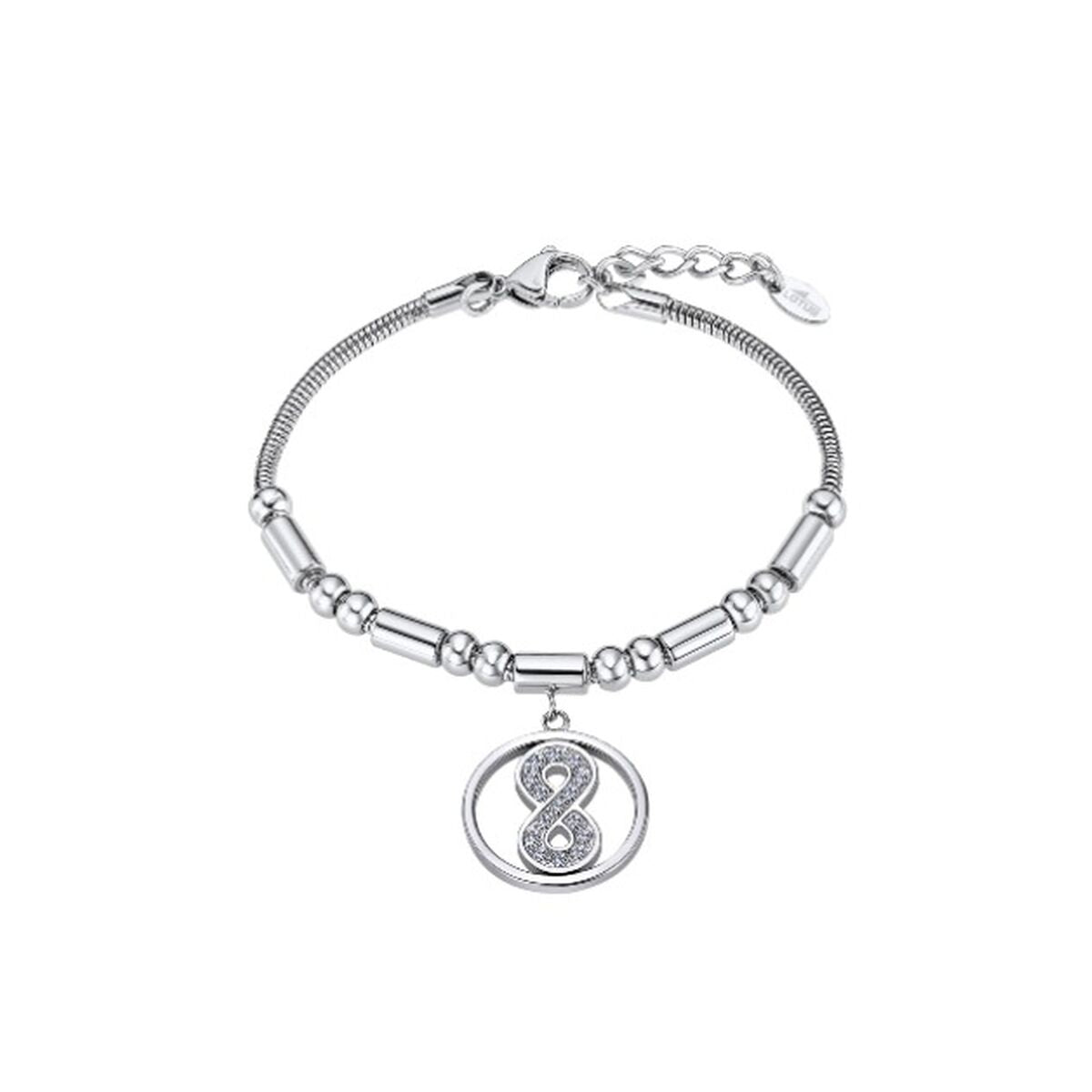 Zilverkleurige Lotus armband met elegant ontwerp en een infinity-symbool.