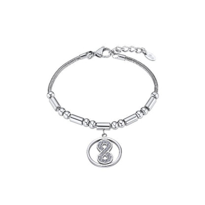 Zilverkleurige Lotus armband met elegant ontwerp en een infinity-symbool.