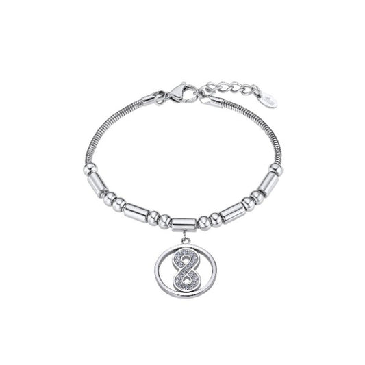 Zilverkleurige Lotus armband met elegant ontwerp en een infinity-symbool.