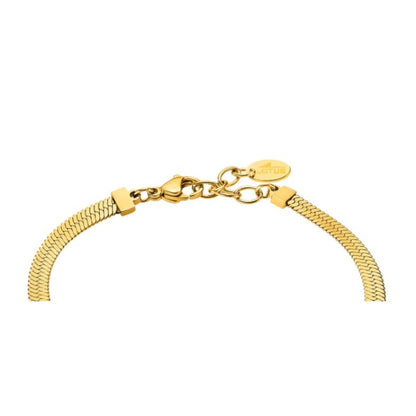 Detail van de gouden Lotus armband met een elegante sluiting en fijn geweven ontwerp.