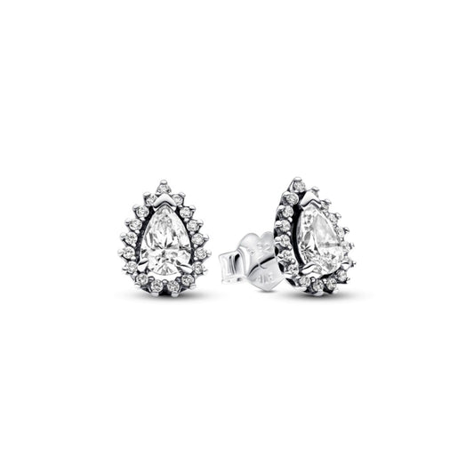Elegante Pandora oorbellen in druppelvorm met sprankelende zirconia-steentjes.