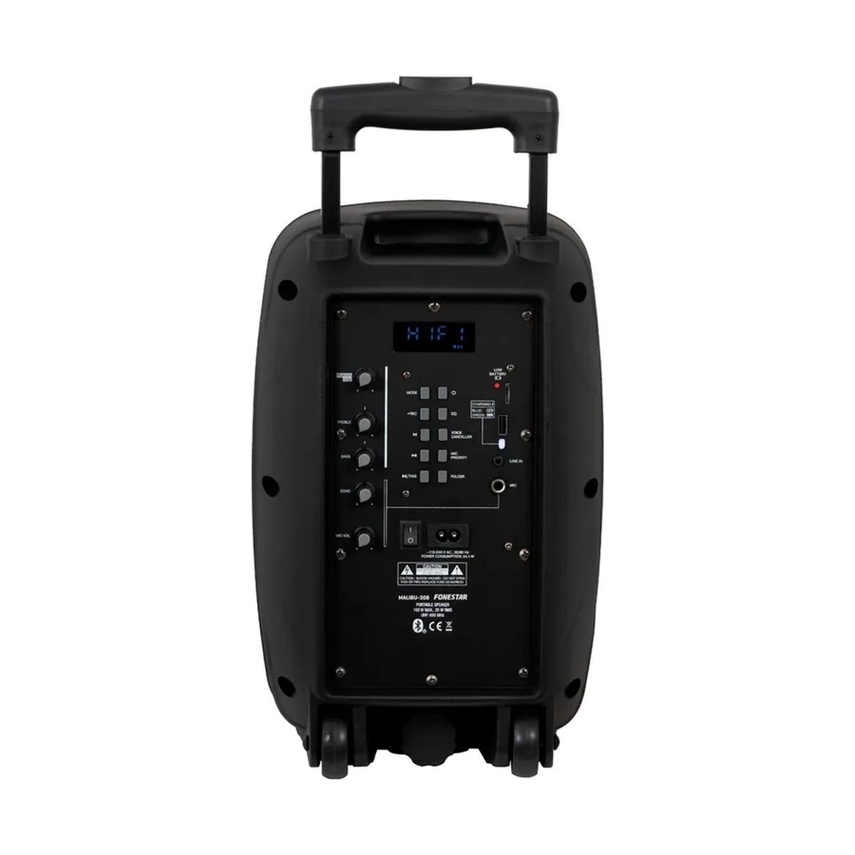 Detail van de achterzijde van de FONESTAR MALIBU-308 luidspreker met aansluitingen en bedieningselementen.