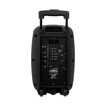 Detail van de achterzijde van de FONESTAR MALIBU-308 luidspreker met aansluitingen en bedieningselementen.