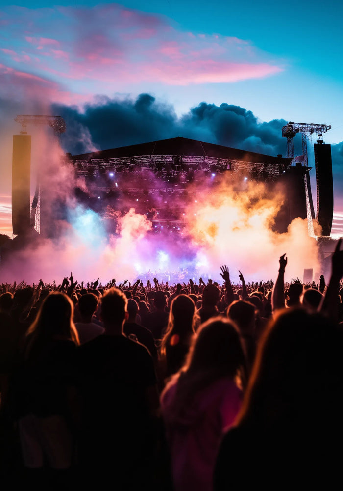 een festivalpodium met lichten rook en een grote menigte kijkend naar het podium